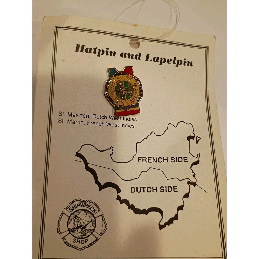 St. Maarten ,St. Martin Shipwreck Shop Lapel Hat Collectible Pin And Map NOS